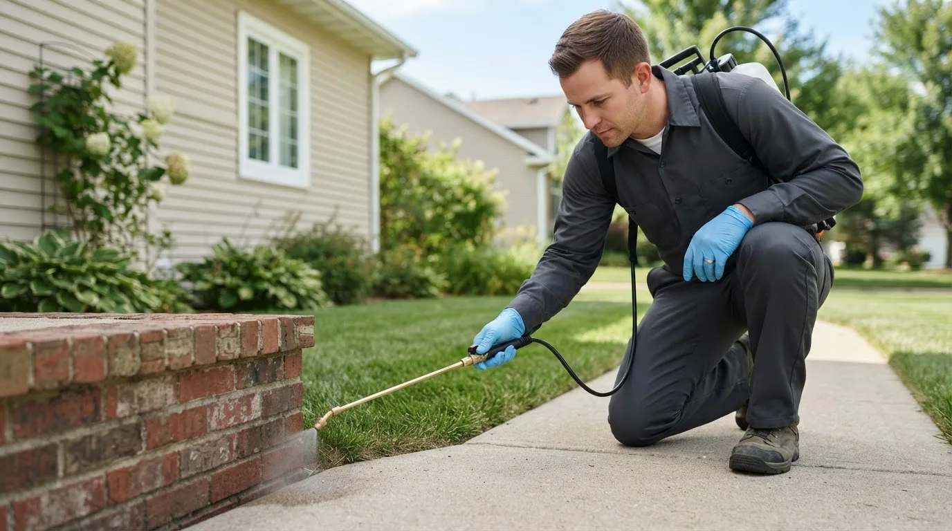 Pest control technician treating a home near Lawton, IA